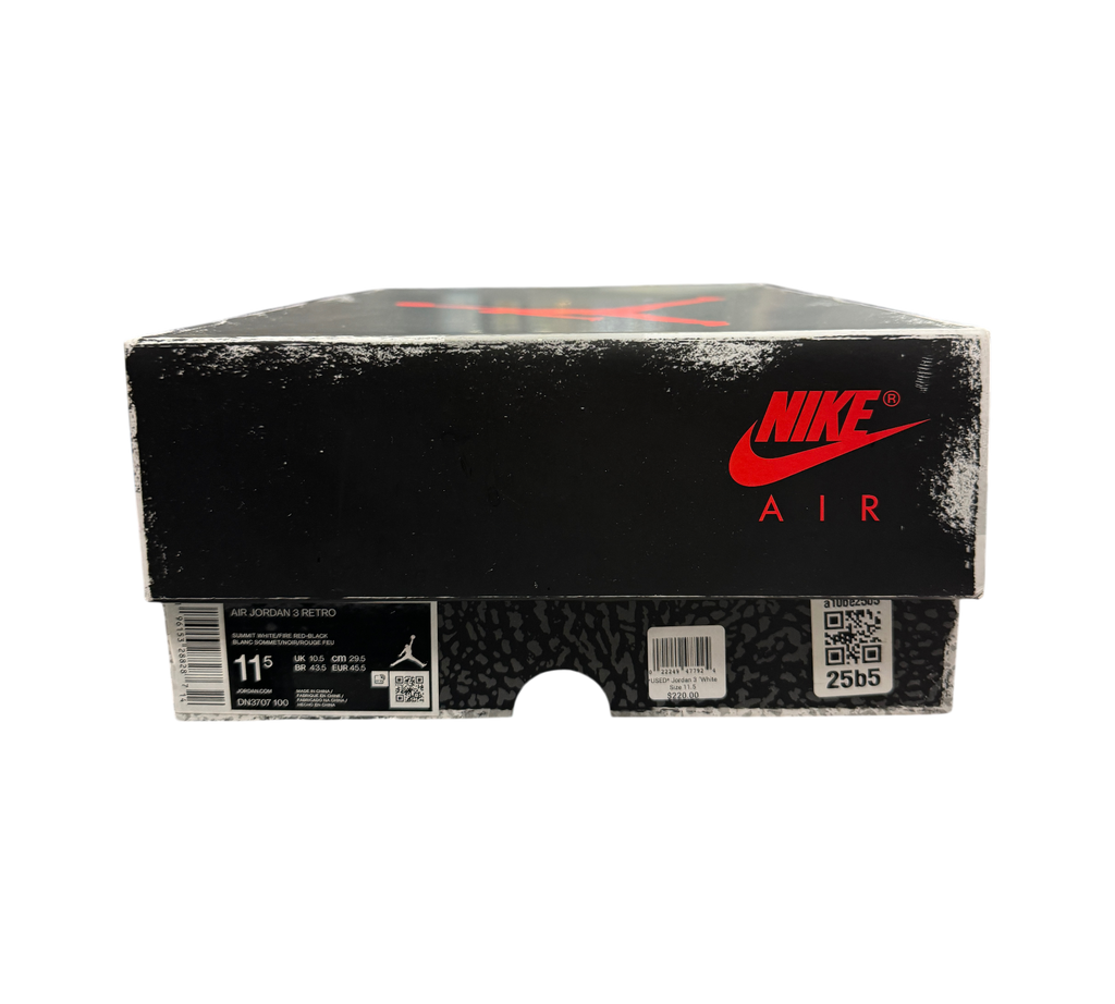 Genesis Boutique Jordan 3 White Cement Reimagined sneaker box with black and white distressed design and Nike Air logo