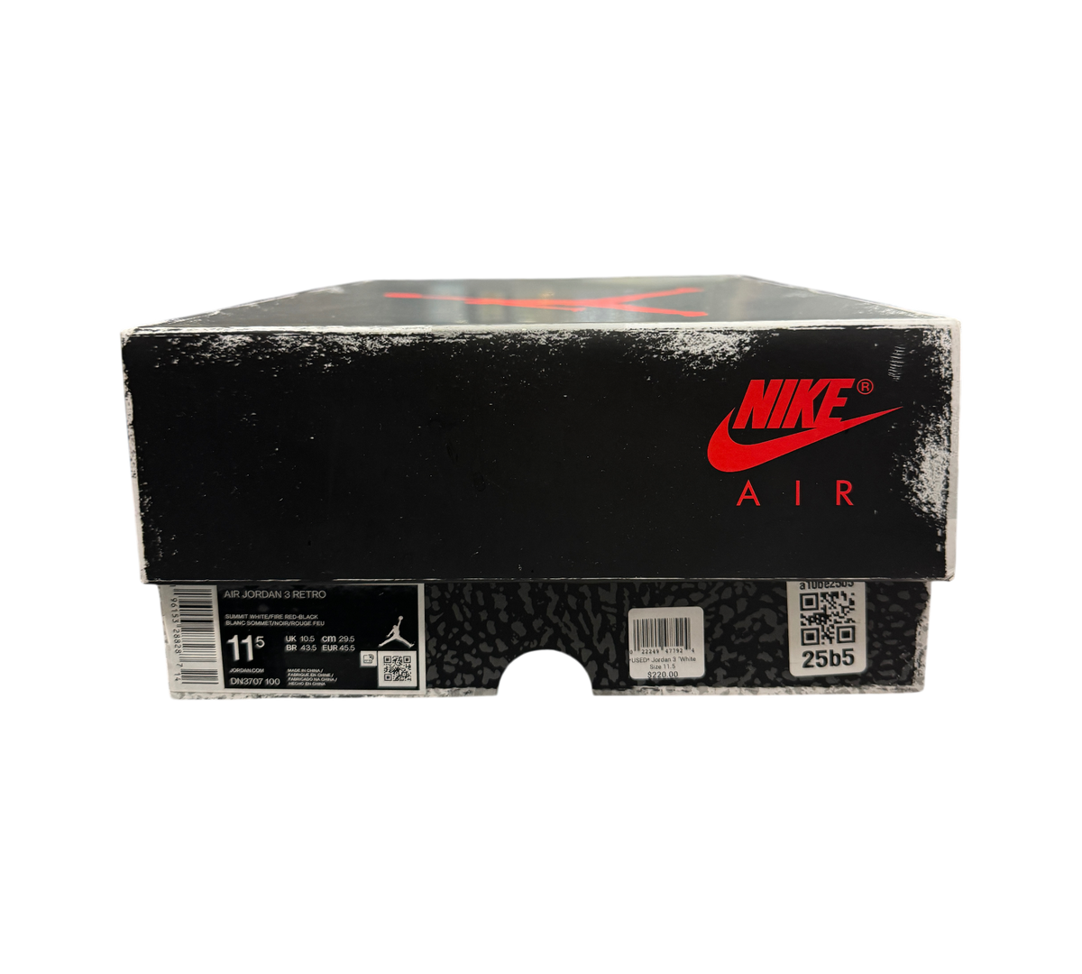 Genesis Boutique Jordan 3 White Cement Reimagined sneaker box with black and white distressed design and Nike Air logo