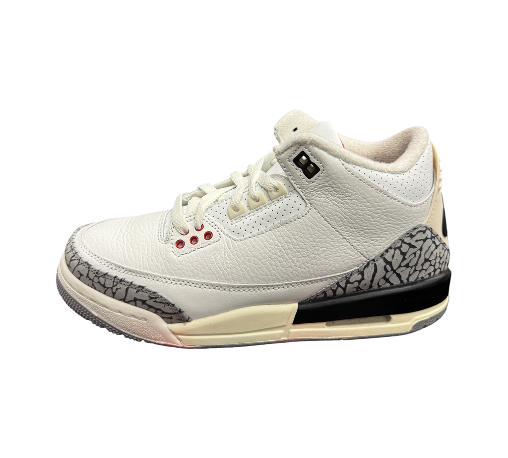 Genesis Boutique Jordan 3 GS White Cement sneakers featuring white leather, iconic elephant print, and red accents.