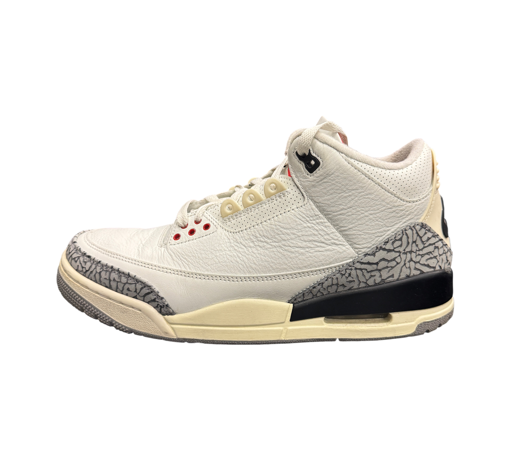 Genesis Boutique pre-owned Jordan 3 White Cement Reimagined sneakers with iconic elephant print and vintage-style sole.