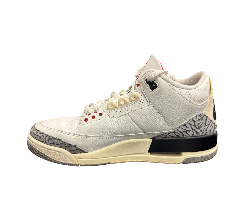 Genesis Boutique used Jordan 3 White Cement Reimagined sneakers with white leather and iconic grey elephant print.
