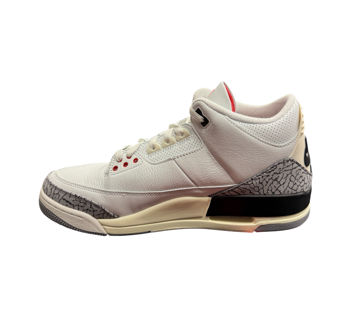 Genesis Boutique Jordan 3 White Cement Reimagined sneakers featuring white leather and iconic grey elephant print