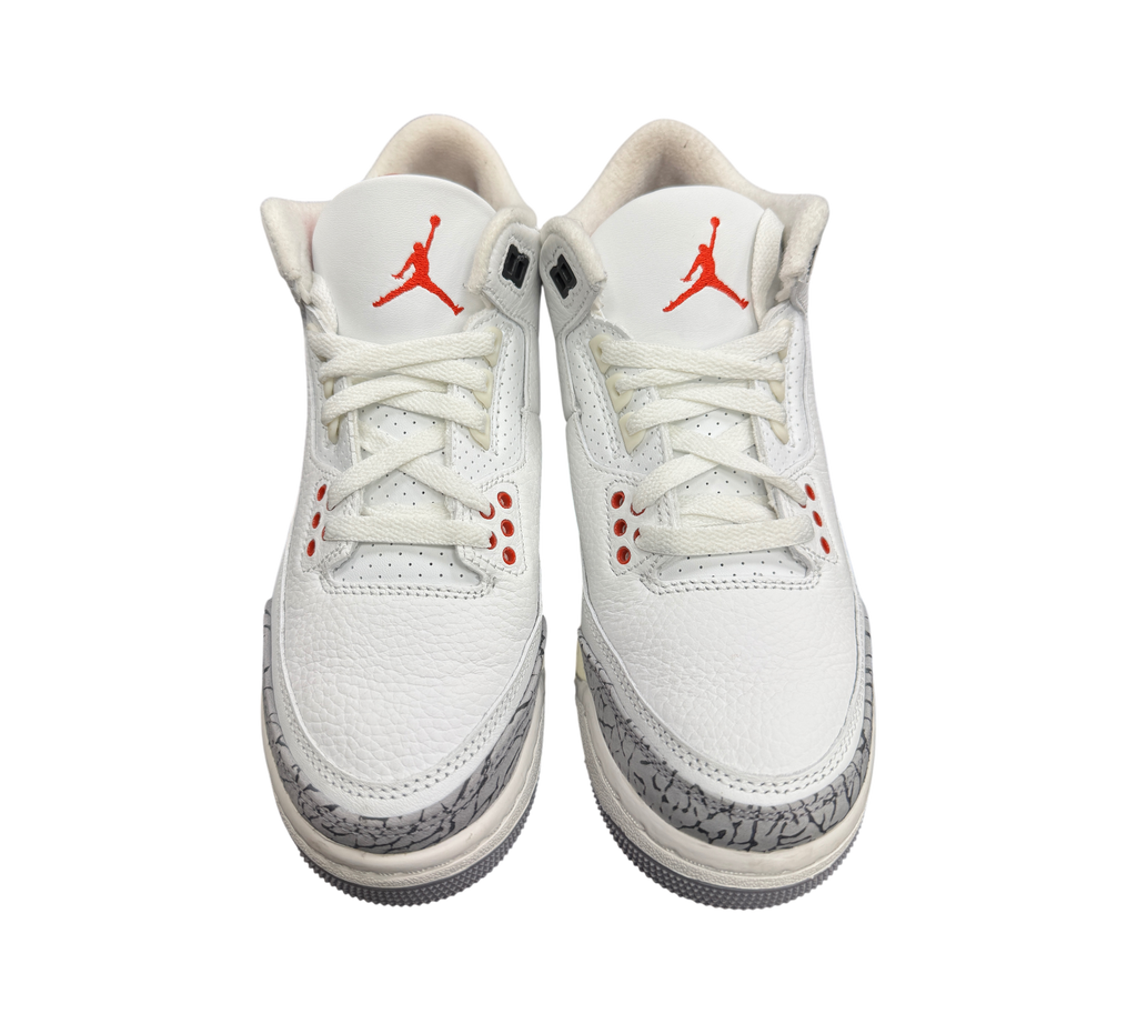 Genesis Boutique Jordan 3 GS White Cement sneakers featuring white leather, iconic grey elephant print, and red accents