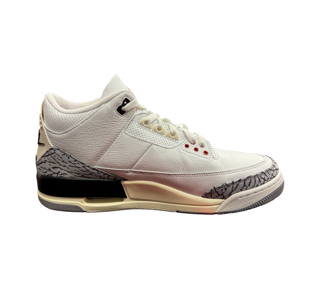 Genesis Boutique Jordan 3 White Cement Reimagined sneakers featuring white leather and iconic grey elephant print