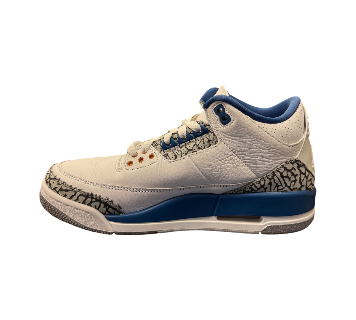 Genesis Boutique Jordan 3 Wizard sneakers in white leather with blue accents and iconic grey elephant print detailing