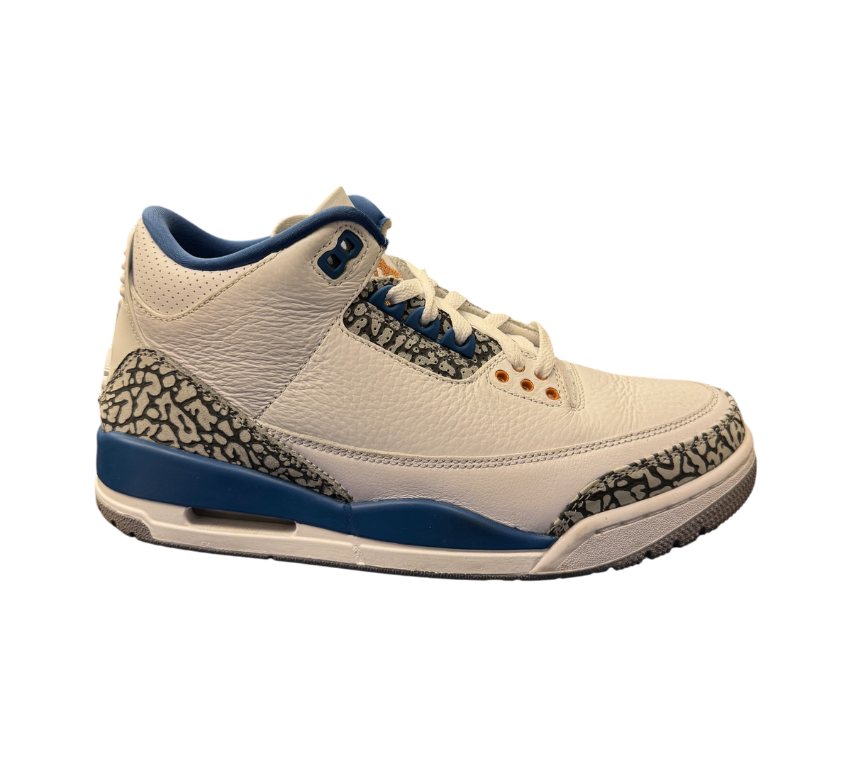 Genesis Boutique Jordan 3 Wizard sneakers in white leather with blue accents and iconic grey elephant print overlays