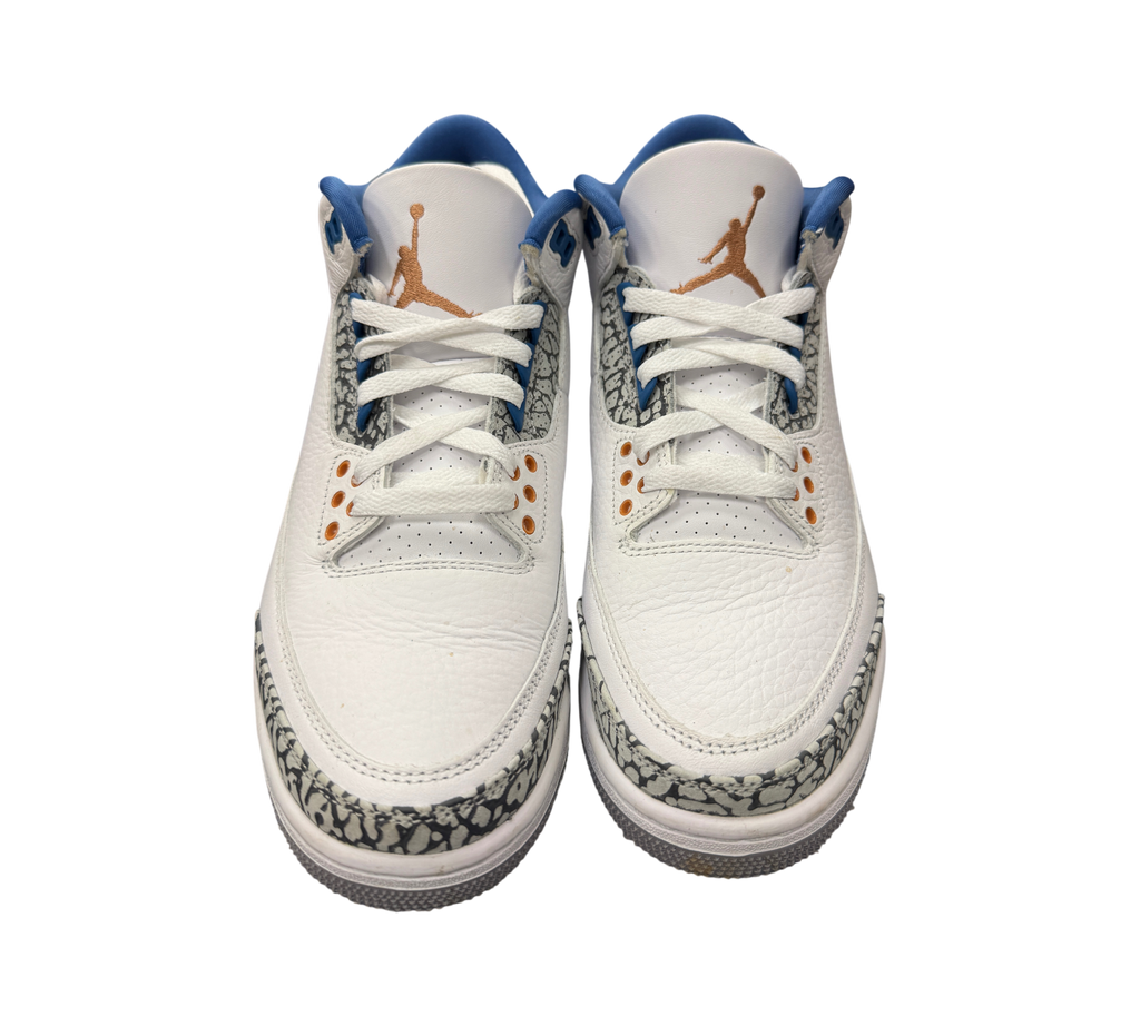 Genesis Boutique Jordan 3 Wizard sneakers in white leather with blue accents and iconic grey elephant print overlays.