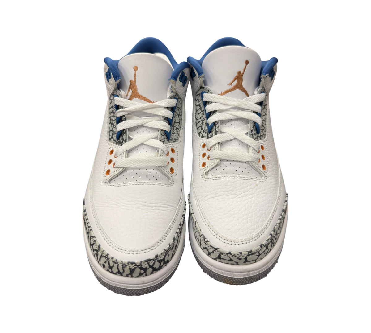 Genesis Boutique Jordan 3 Wizard sneakers in white leather with blue accents and iconic grey elephant print overlays.