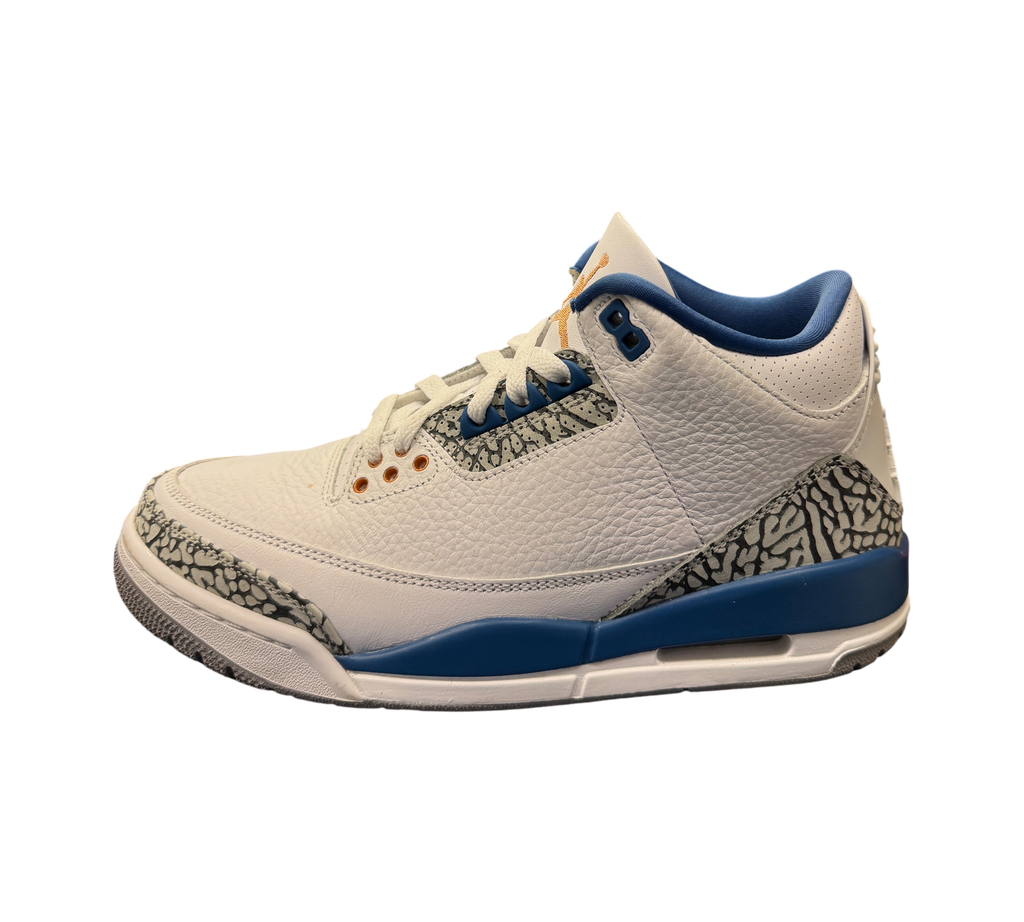 Genesis Boutique Jordan 3 Wizard sneakers in white leather with blue accents and iconic grey elephant print overlays.