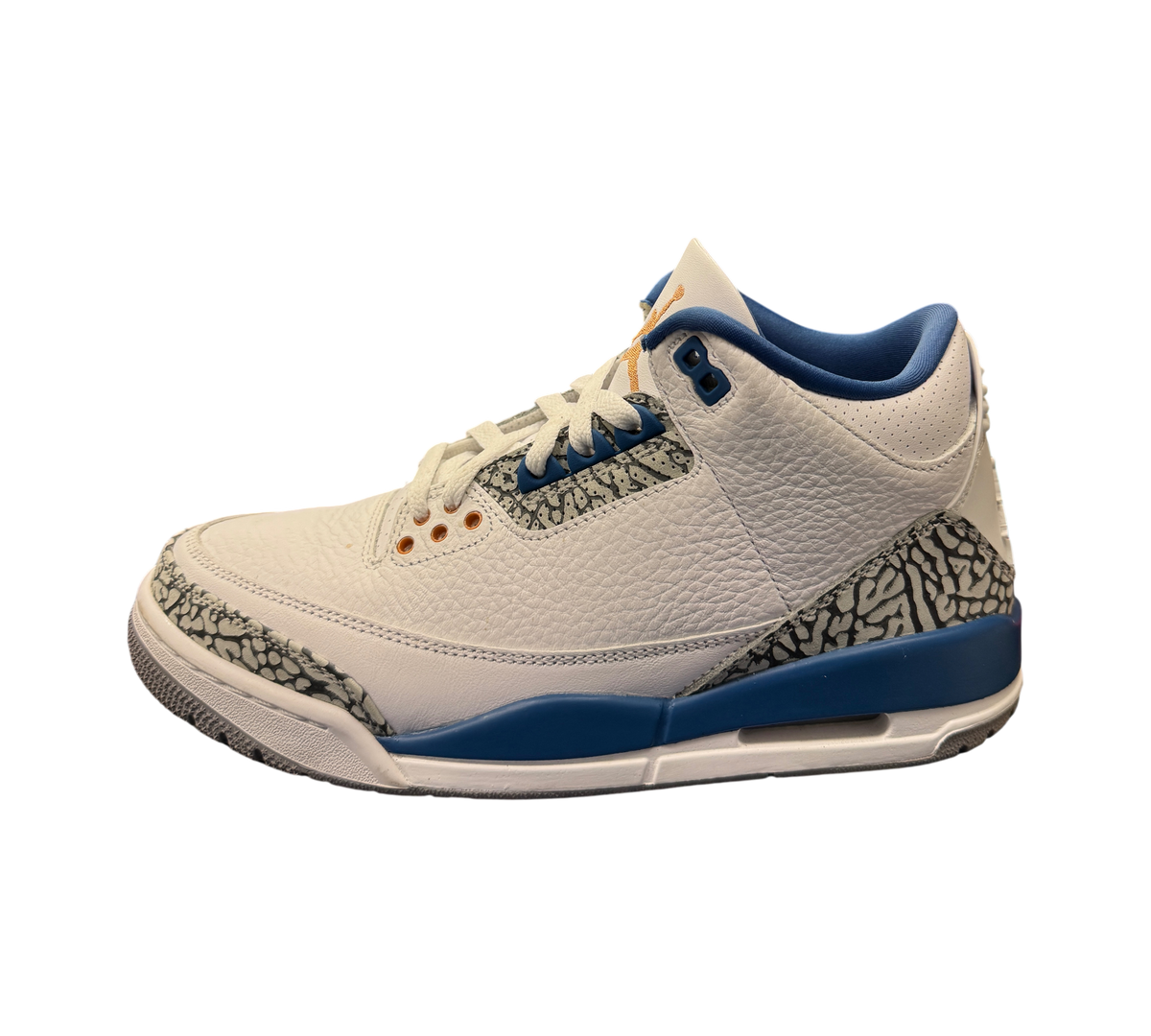 Genesis Boutique Jordan 3 Wizard sneakers in white leather with blue accents and iconic grey elephant print overlays.