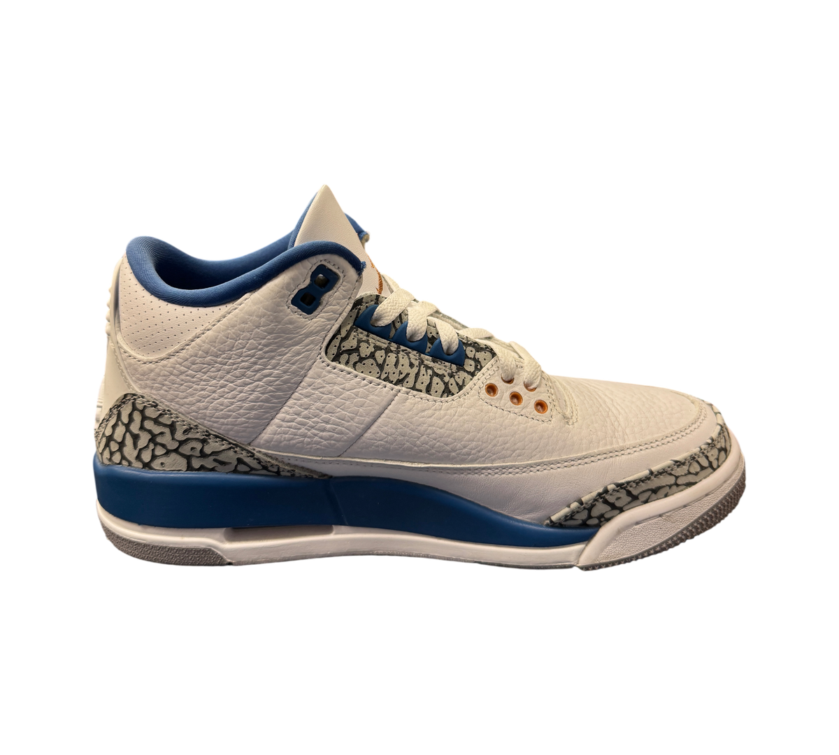 Genesis Boutique Jordan 3 Wizard sneakers in white leather with blue accents and iconic grey elephant print overlays