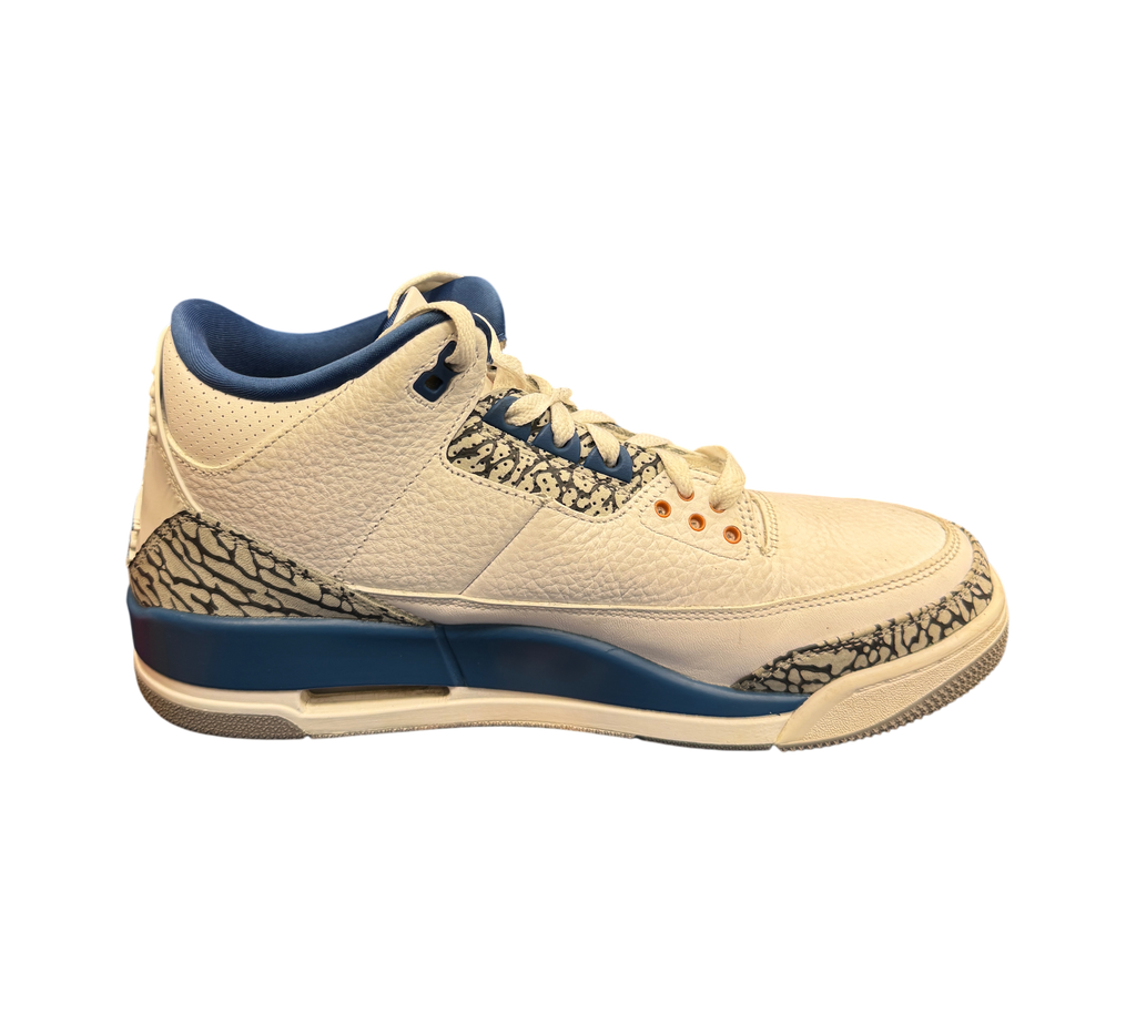 Genesis Boutique used Jordan 3 Wizards sneakers in white leather with blue accents and iconic grey elephant print.