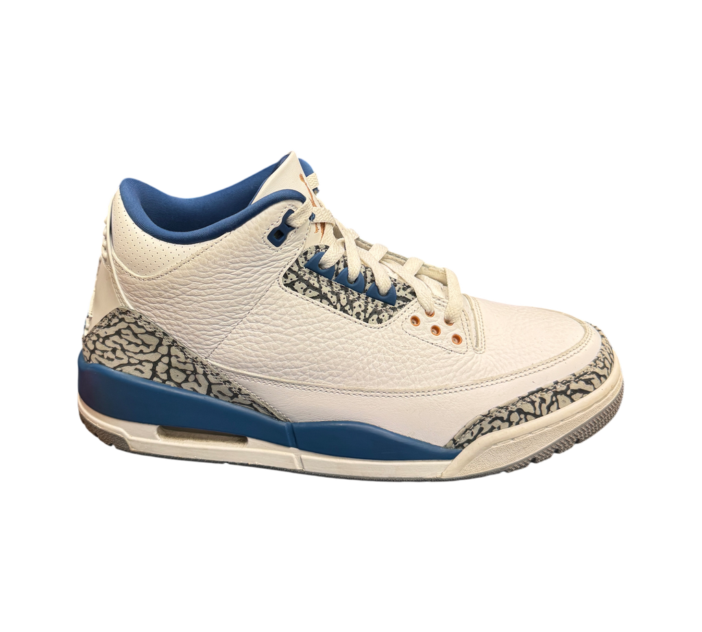 Genesis Boutique pre-owned Jordan 3 Wizards sneakers in white leather with blue accents and iconic elephant print trim.