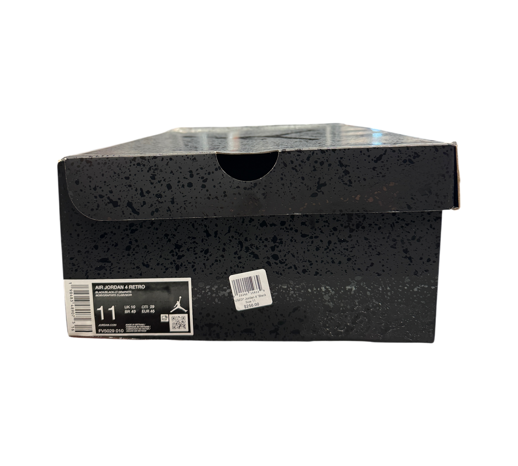 Genesis Boutique Jordan 4 Black Cat sneaker box with black speckled design and size label