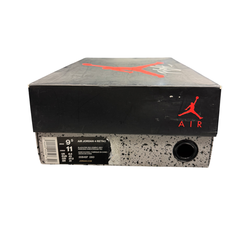 Genesis Boutique Jordan 4 "Bred" 2019 Retro shoe box with red Jumpman logo and "AIR" text.