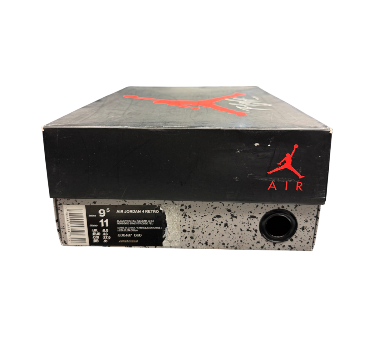 Genesis Boutique Jordan 4 "Bred" 2019 Retro shoe box with red Jumpman logo and "AIR" text.