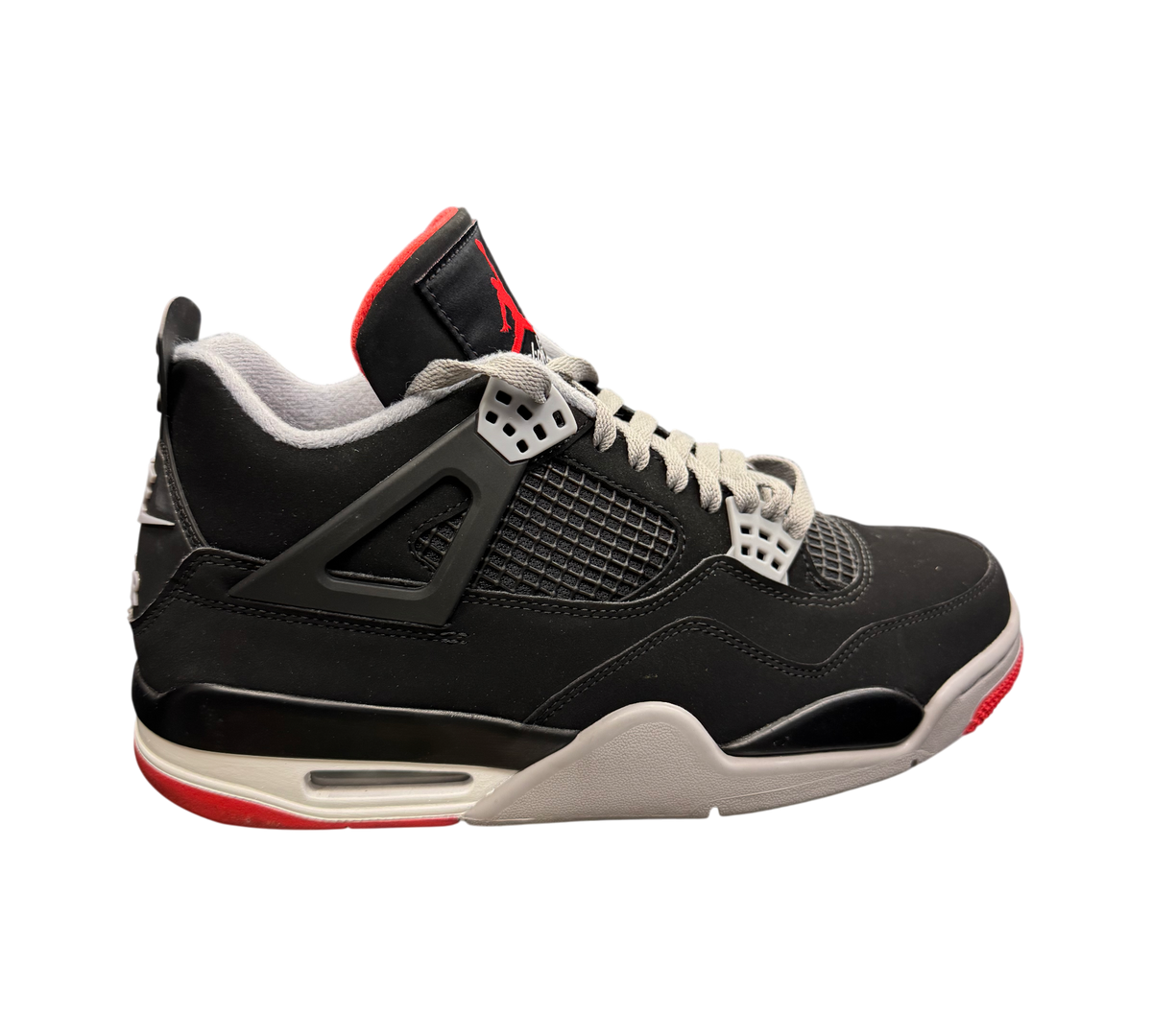 Genesis Boutique USED Jordan 4 "Bred" 2019 sneakers in black, red, and grey with visible air cushioning.