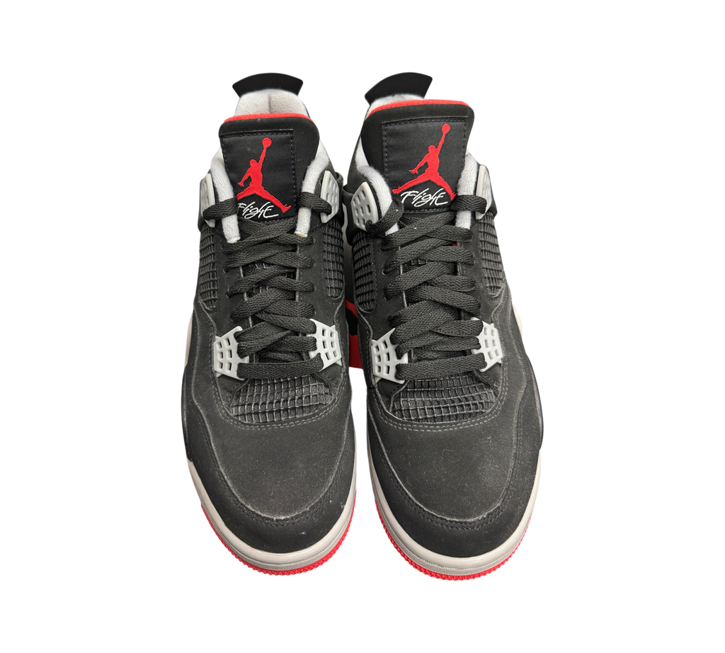 Genesis Boutique Jordan 4 Bred 2019 sneakers in black nubuck with red accents and grey eyelets