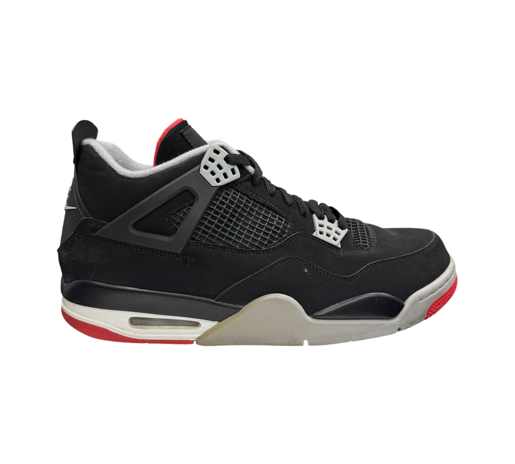 Genesis Boutique Jordan 4 Bred 2019 black nubuck sneaker with red and grey accents in a side profile view