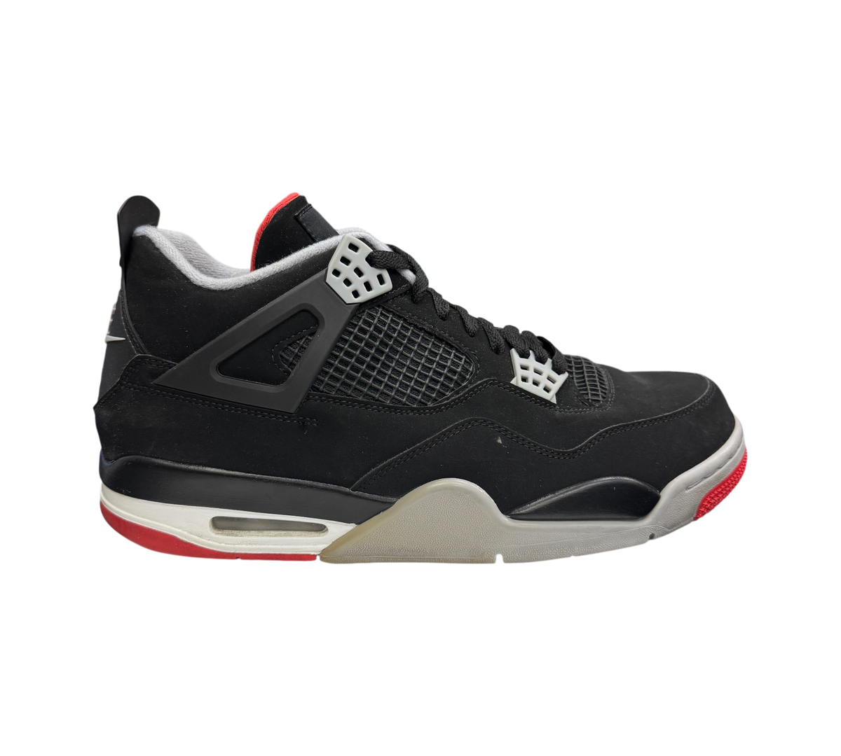 Genesis Boutique Jordan 4 Bred 2019 black nubuck sneaker with red and grey accents in a side profile view
