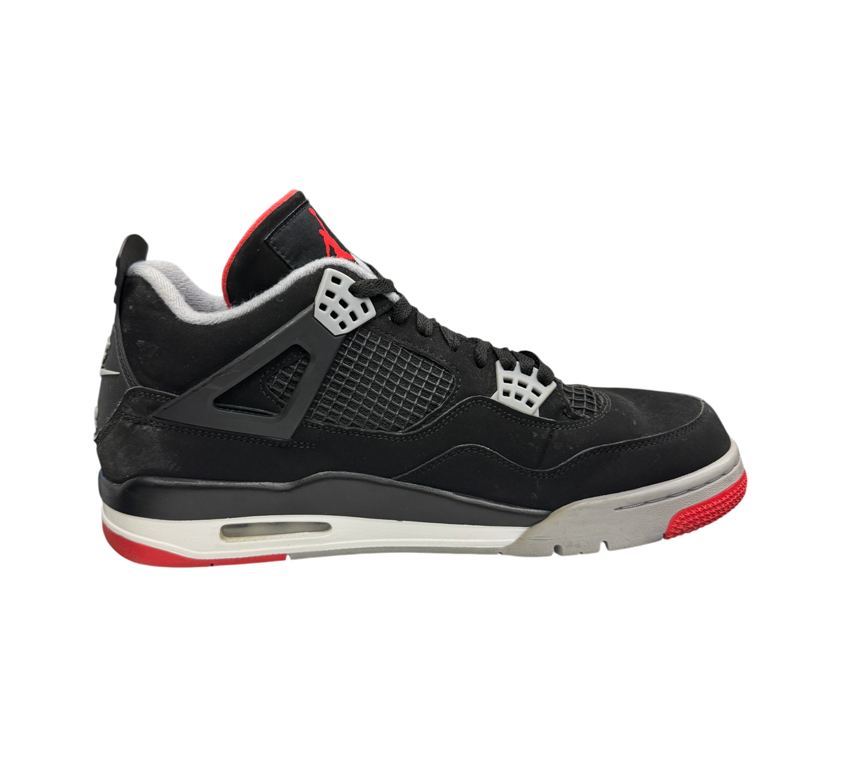 Genesis Boutique Jordan 4 Bred 2019 sneaker in black nubuck with red and grey accents, side profile view.