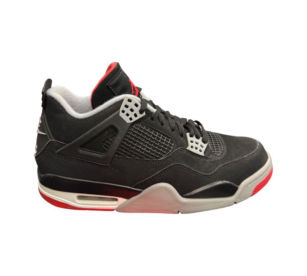 Genesis Boutique Jordan 4 Bred 2019 black nubuck sneakers with red and grey accents on a branded shoebox