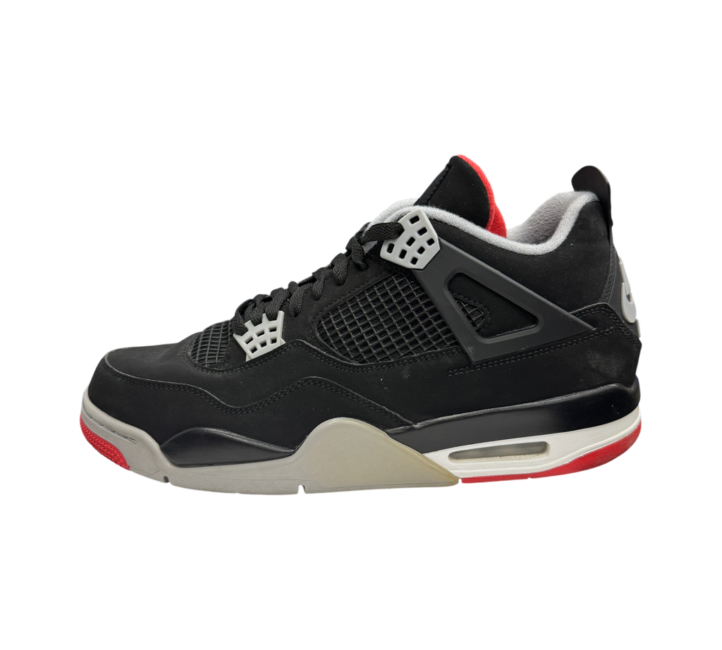 Genesis Boutique Jordan 4 Bred 2019 sneakers in black nubuck with red and grey accents, side profile view.