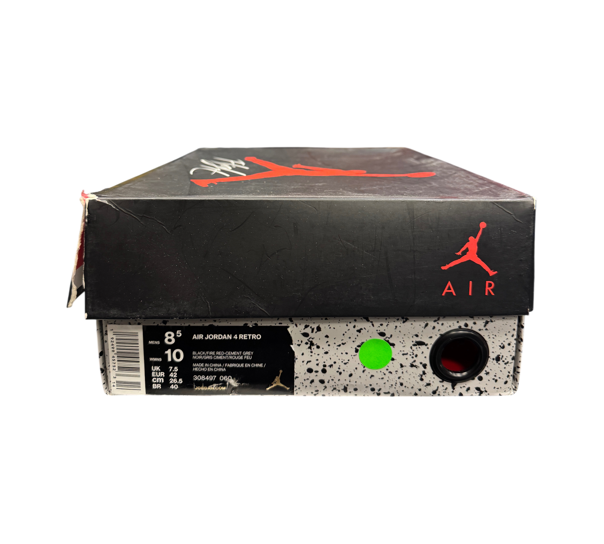 Genesis Boutique Jordan 4 Bred 2019 sneaker box with black lid and cement grey speckled base on display