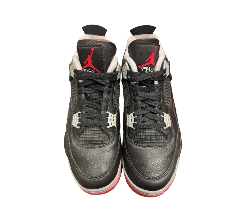 Genesis Boutique pre-owned Jordan 4 Bred Reimagined sneakers in black leather with red Jumpman logo and grey accents.