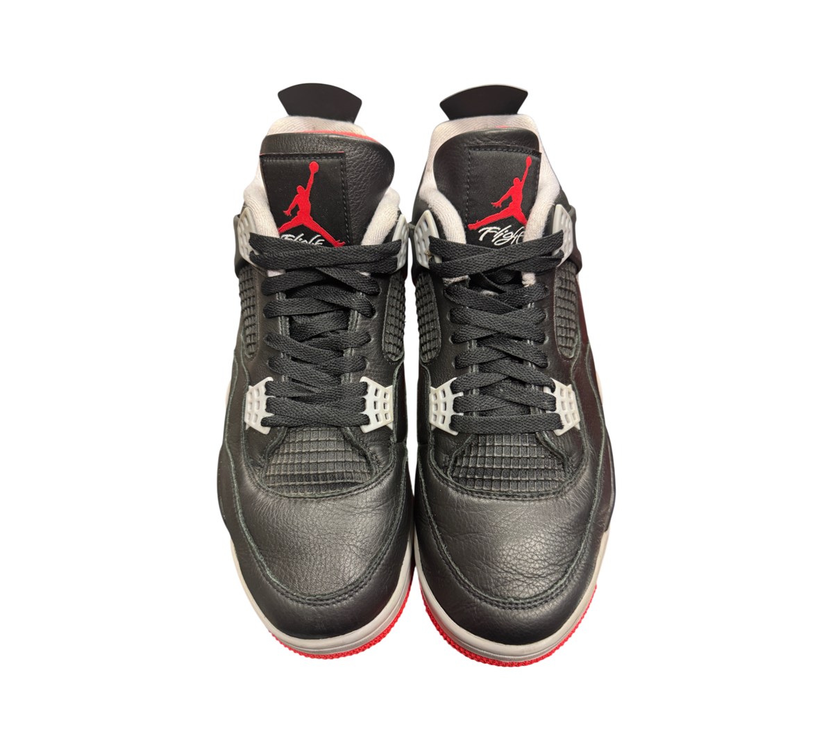 Genesis Boutique pre-owned Jordan 4 Bred Reimagined sneakers in black leather with red Jumpman logo and grey accents.