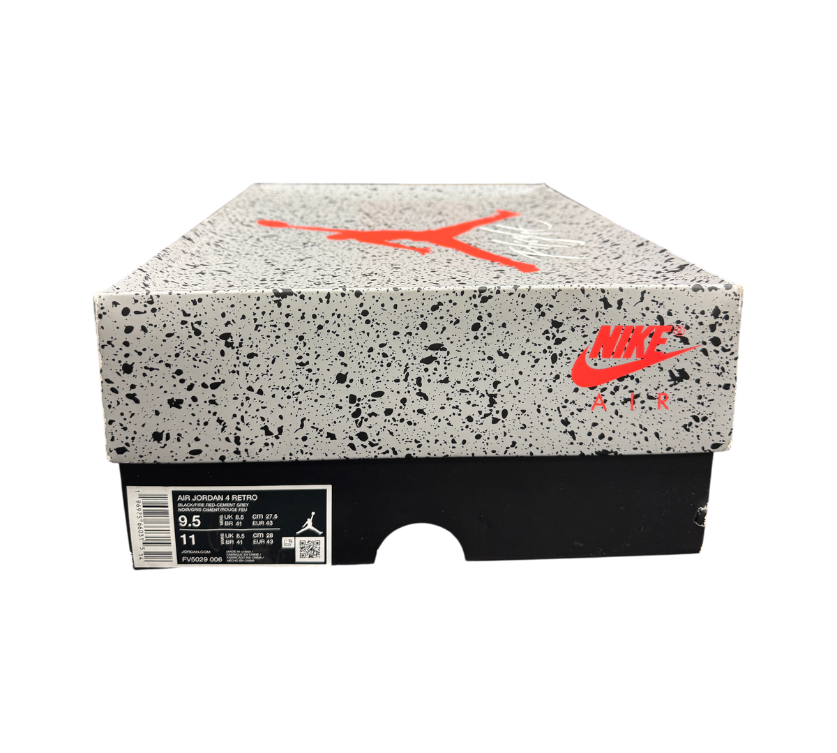 Genesis Boutique Jordan 4 Bred Reimagined sneaker box with grey cement print and red Nike Air logo