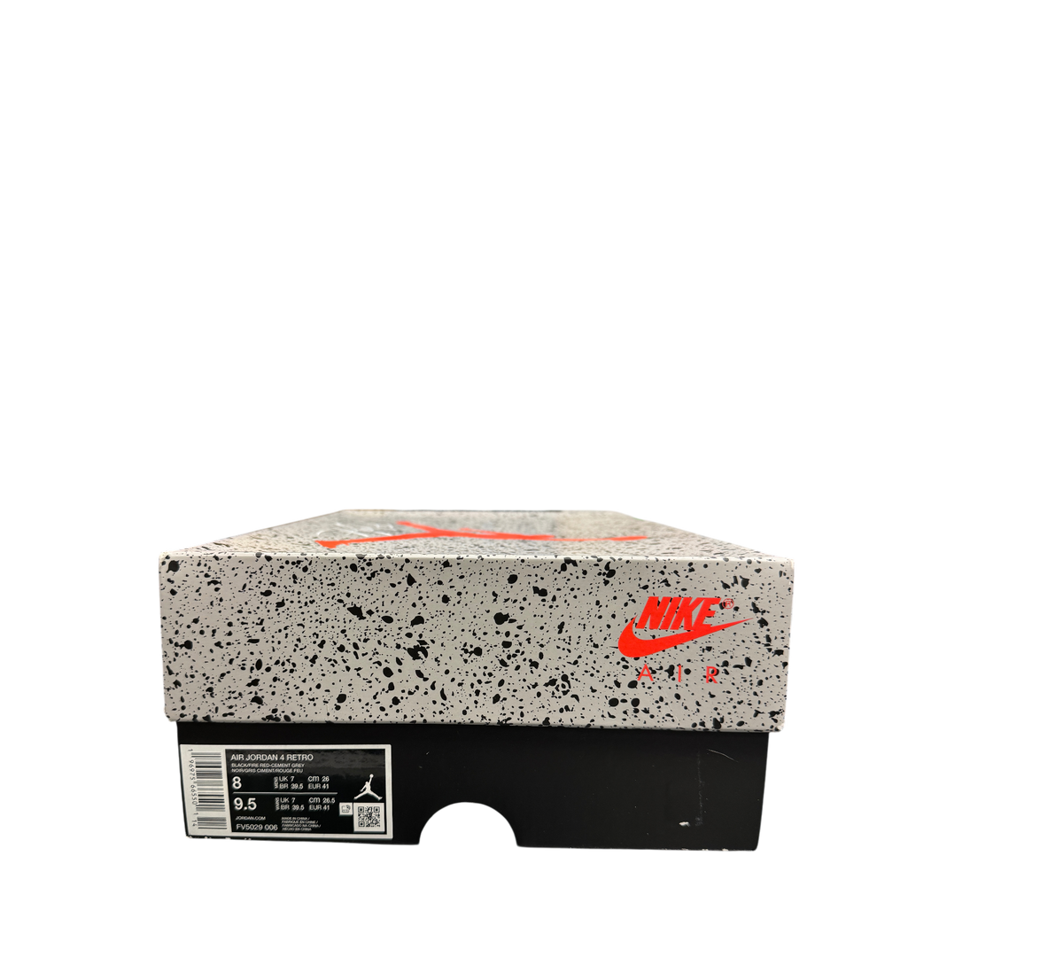 Genesis Boutique Jordan 4 Bred Reimagined sneaker box with grey cement print and red Nike Air branding