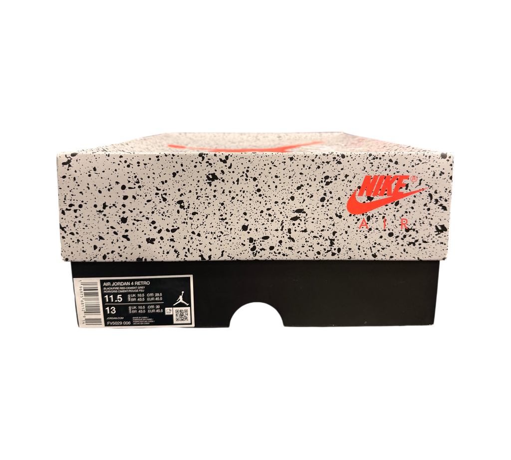 Genesis Boutique Jordan 4 "Bred Reimagined" FV5029-006 shoe box with speckled pattern and red Nike Air logo.