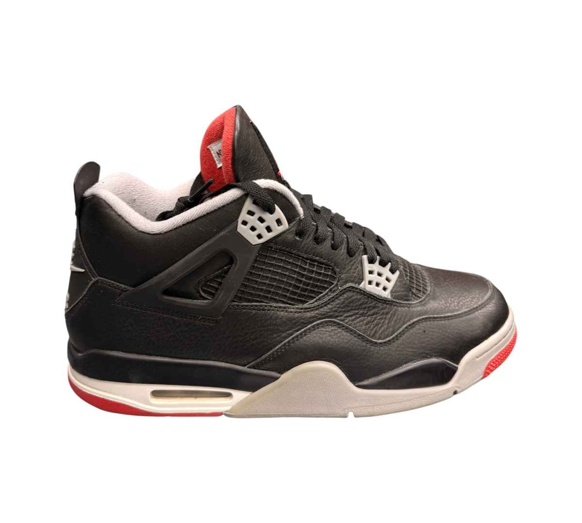 Genesis Boutique Jordan 4 "Bred Reimagined" sneakers in black leather with red and white accents.
