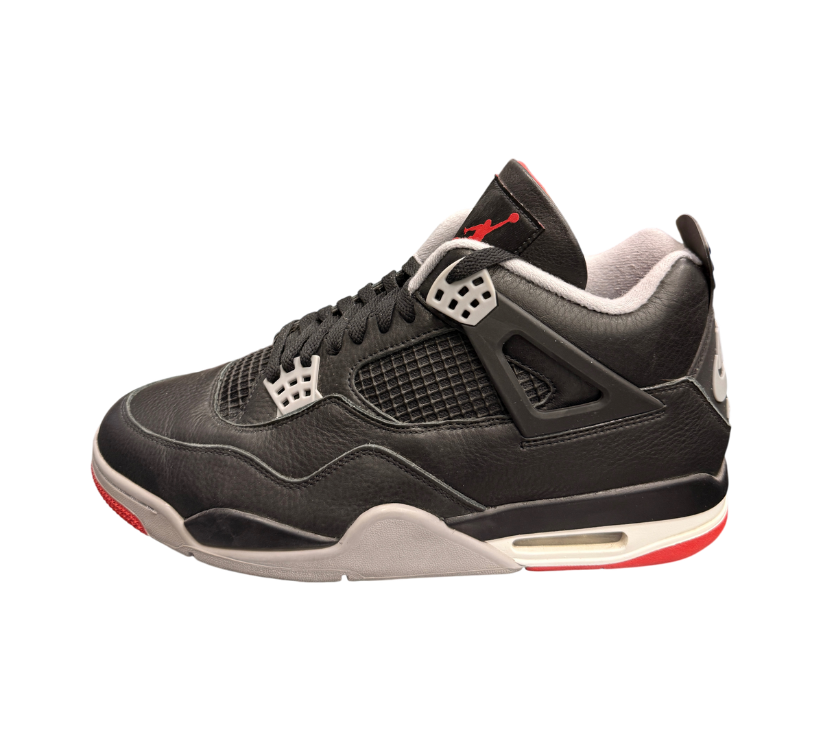 Genesis Boutique Jordan 4 "Bred Reimagined" sneakers in black leather with red and grey accents. OG All.
