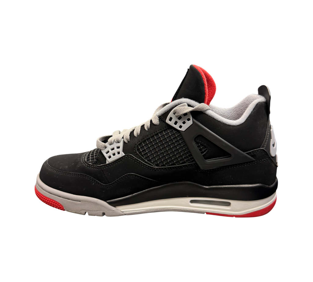 Genesis Boutique Jordan 4 "Bred" 2019 sneakers with black, red, and grey accents. Iconic basketball shoes.