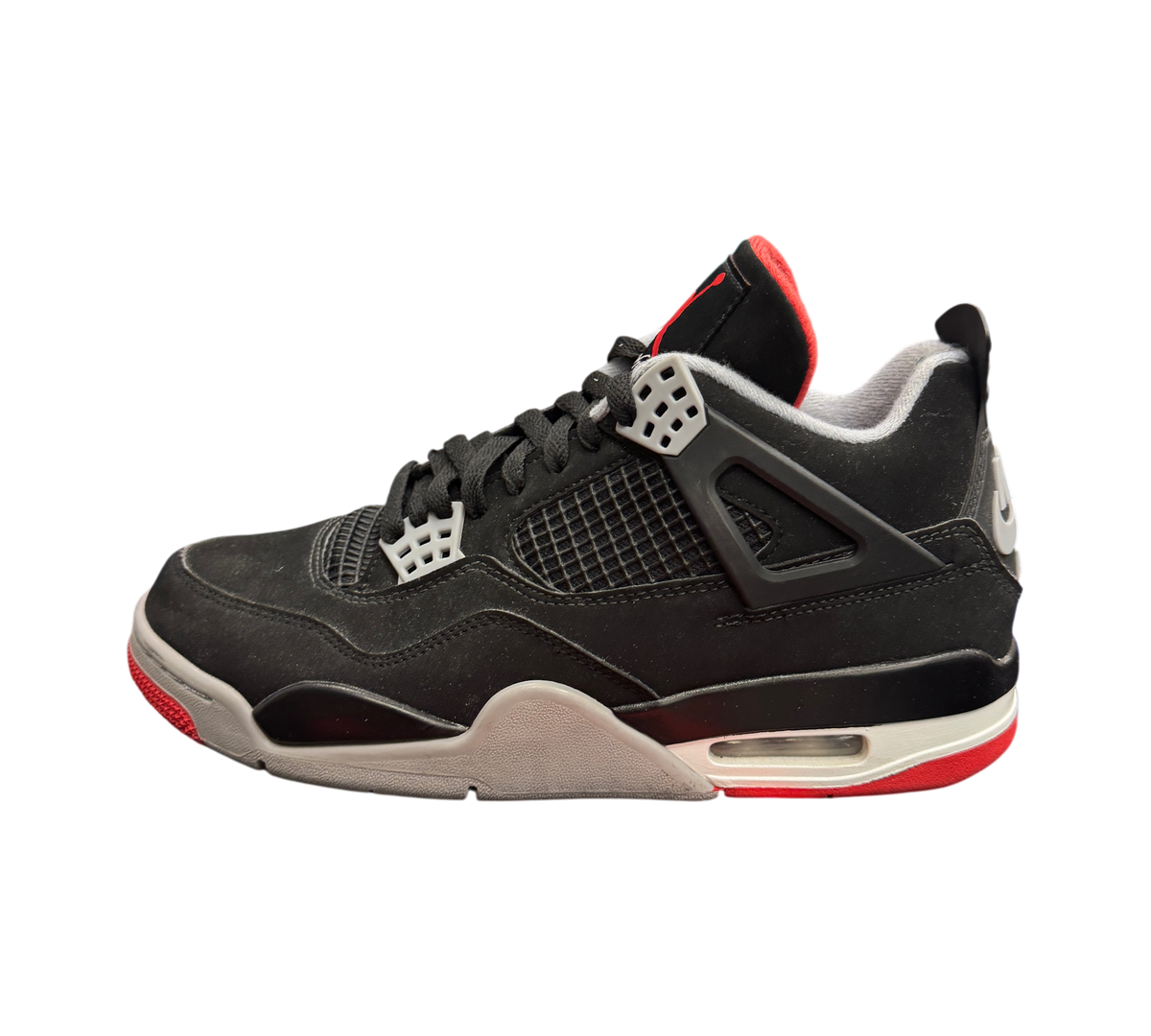 Genesis Boutique used Jordan 4 2019 Bred sneakers in black nubuck with red and grey accents on a branded shoebox