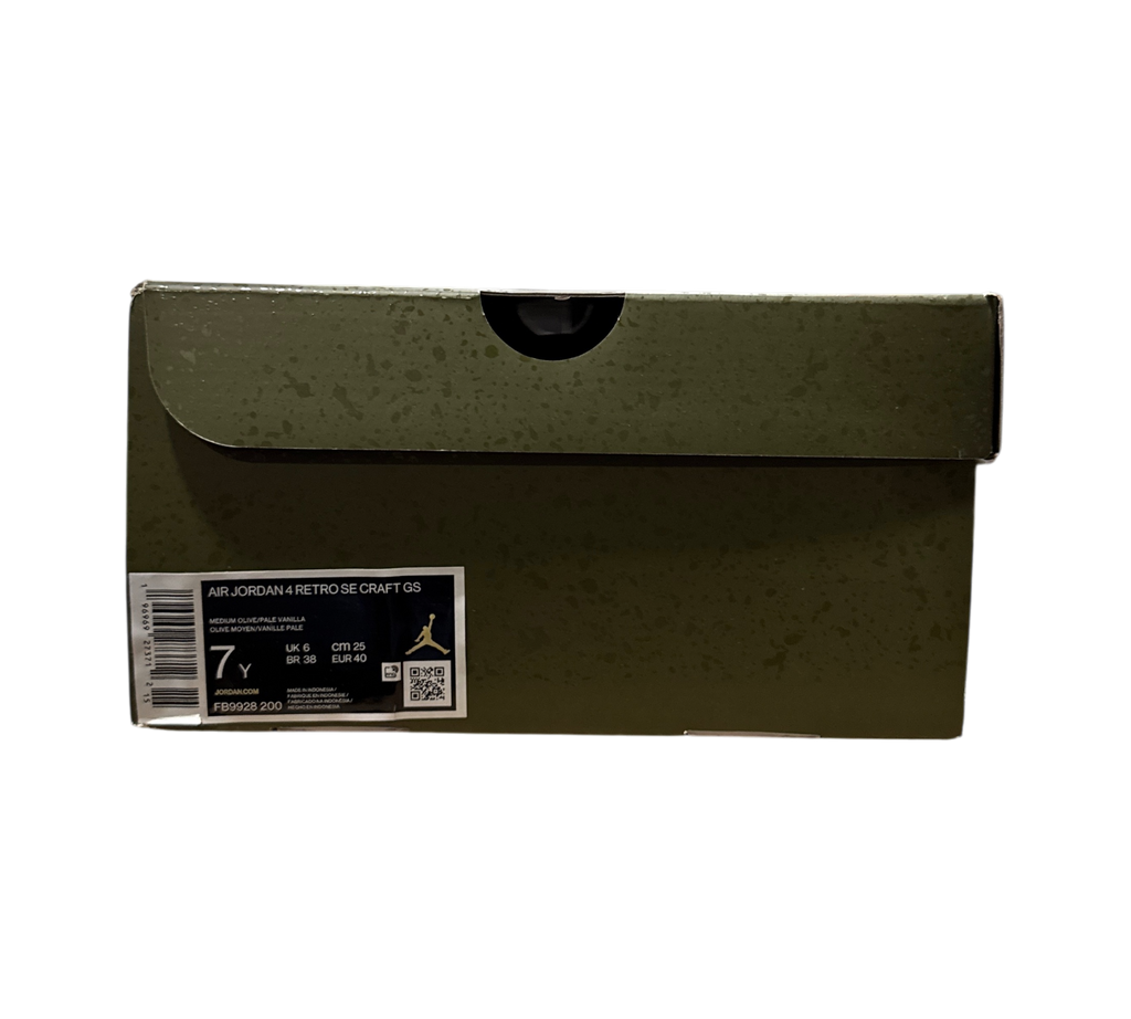 Genesis Boutique Jordan 4 GS Craft Olive shoe box with product label showing size 7Y in a warehouse setting