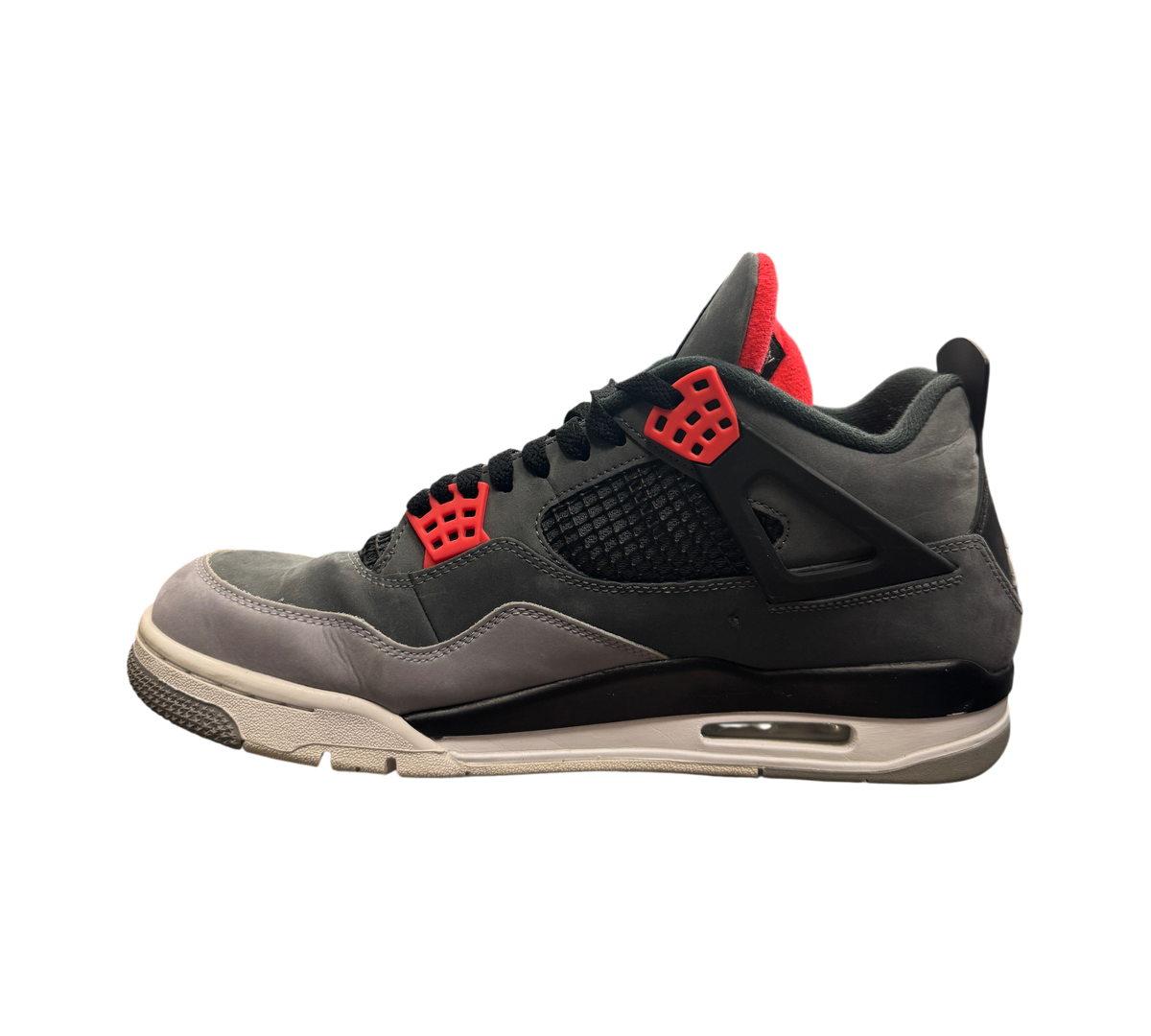 Genesis Boutique Jordan 4 Infrared sneakers in dark grey and black nubuck with bright red eyelet accents
