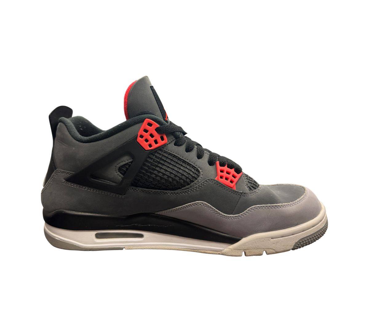 Genesis Boutique pre-owned Jordan 4 Infrared sneakers in dark grey nubuck with bright red eyelet accents.