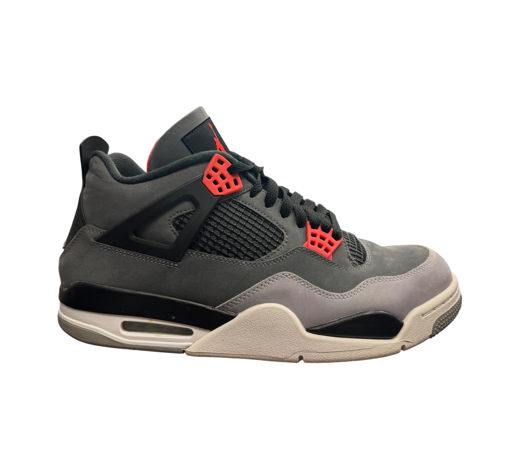 Genesis Boutique pre-owned Jordan 4 Infrared sneakers in dark grey nubuck with bright red eyelet accents.