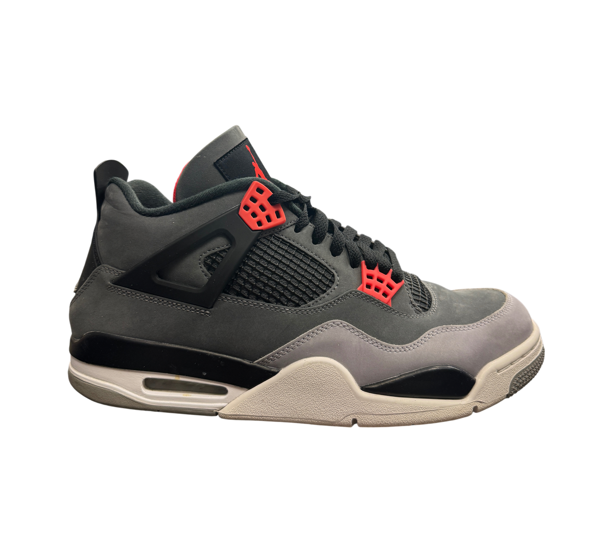 Genesis Boutique pre-owned Jordan 4 Infrared sneakers in dark grey nubuck with bright red eyelet accents.