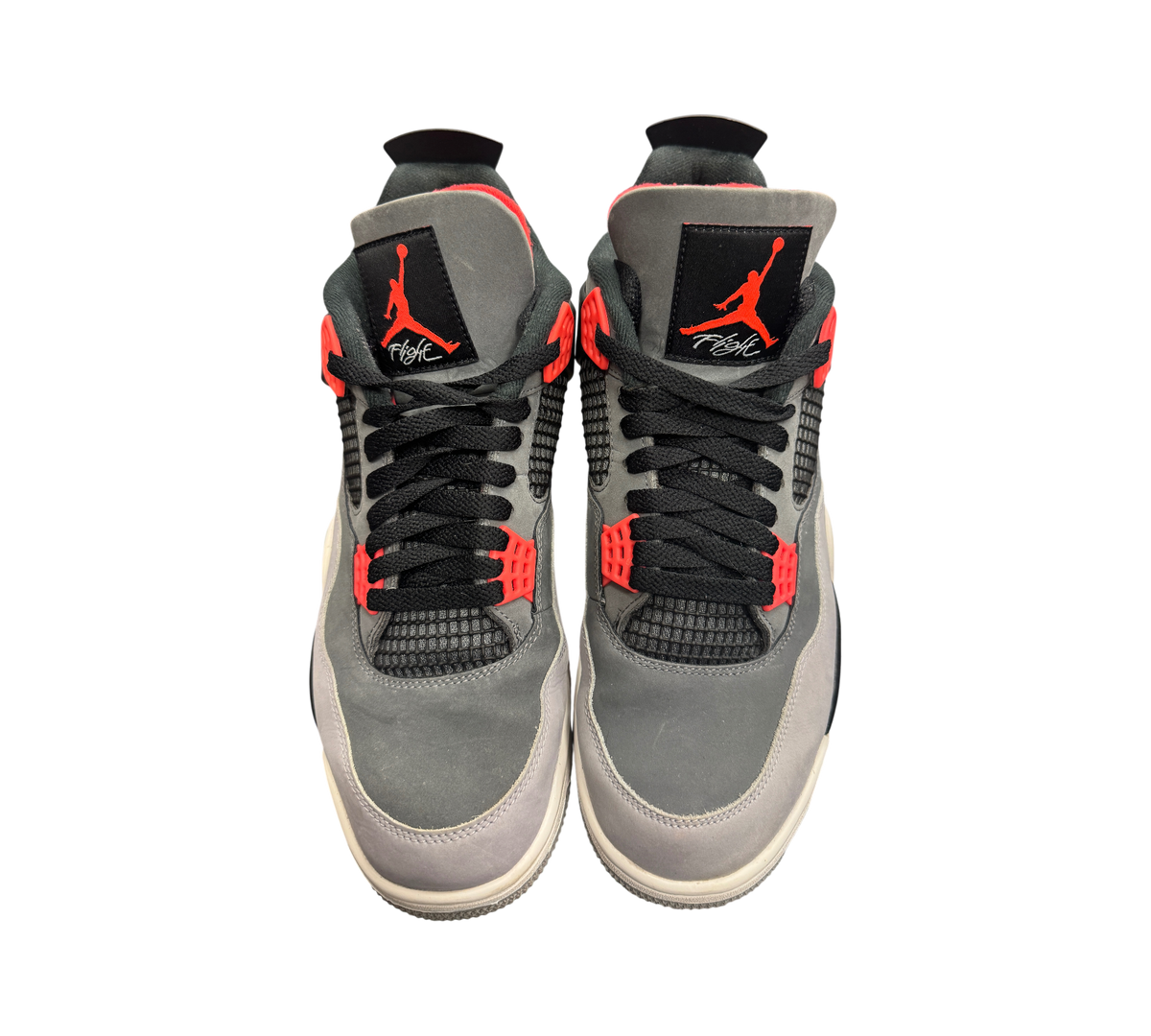 Genesis Boutique Jordan 4 Infrared sneakers featuring grey nubuck upper with bright red accents and black laces