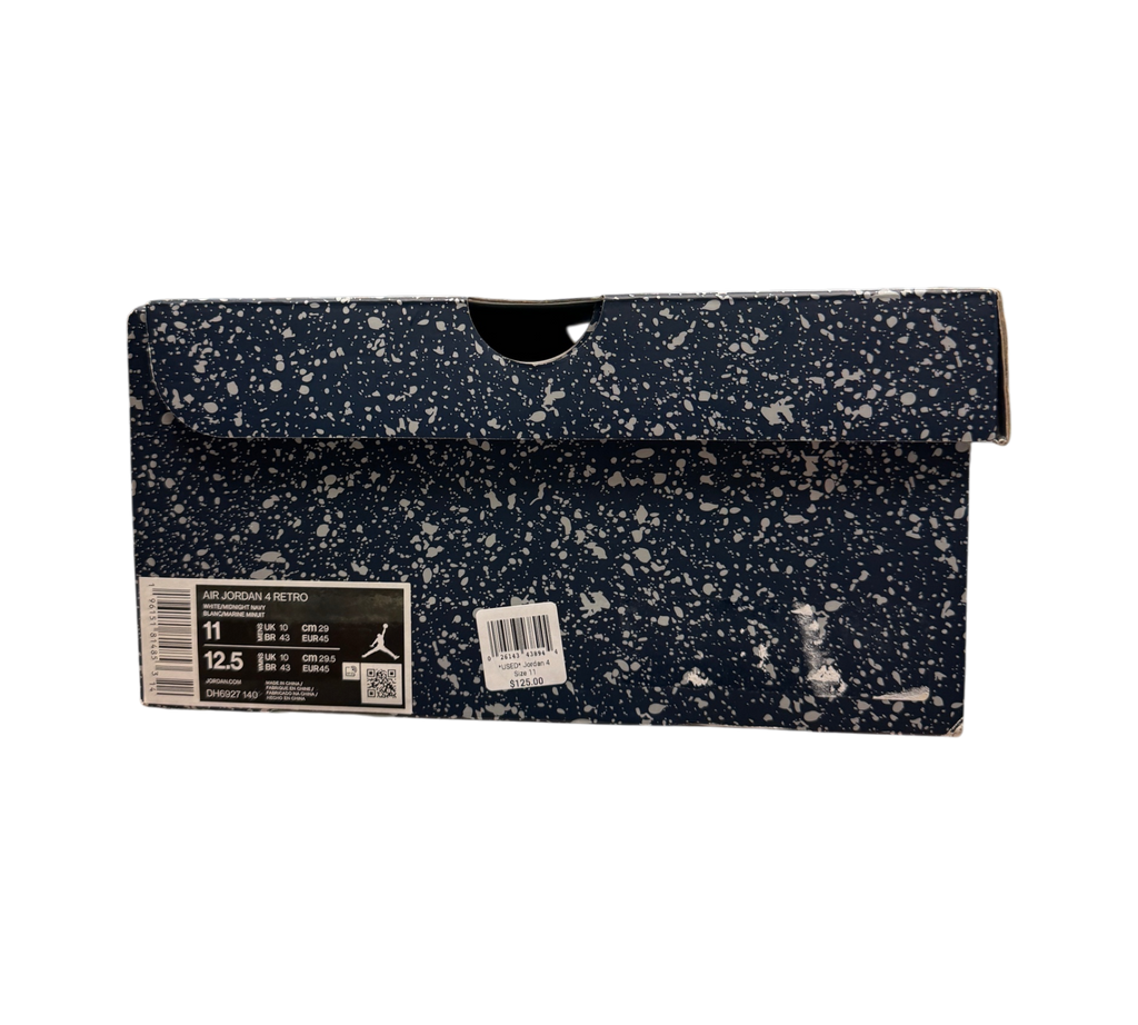 Genesis Boutique Jordan 4 Midnight Navy sneaker box with navy blue and white paint splatter design