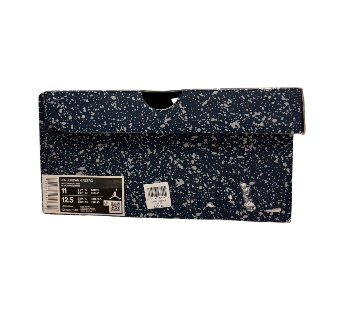 Genesis Boutique Jordan 4 Midnight Navy sneaker box with navy blue and white paint splatter design