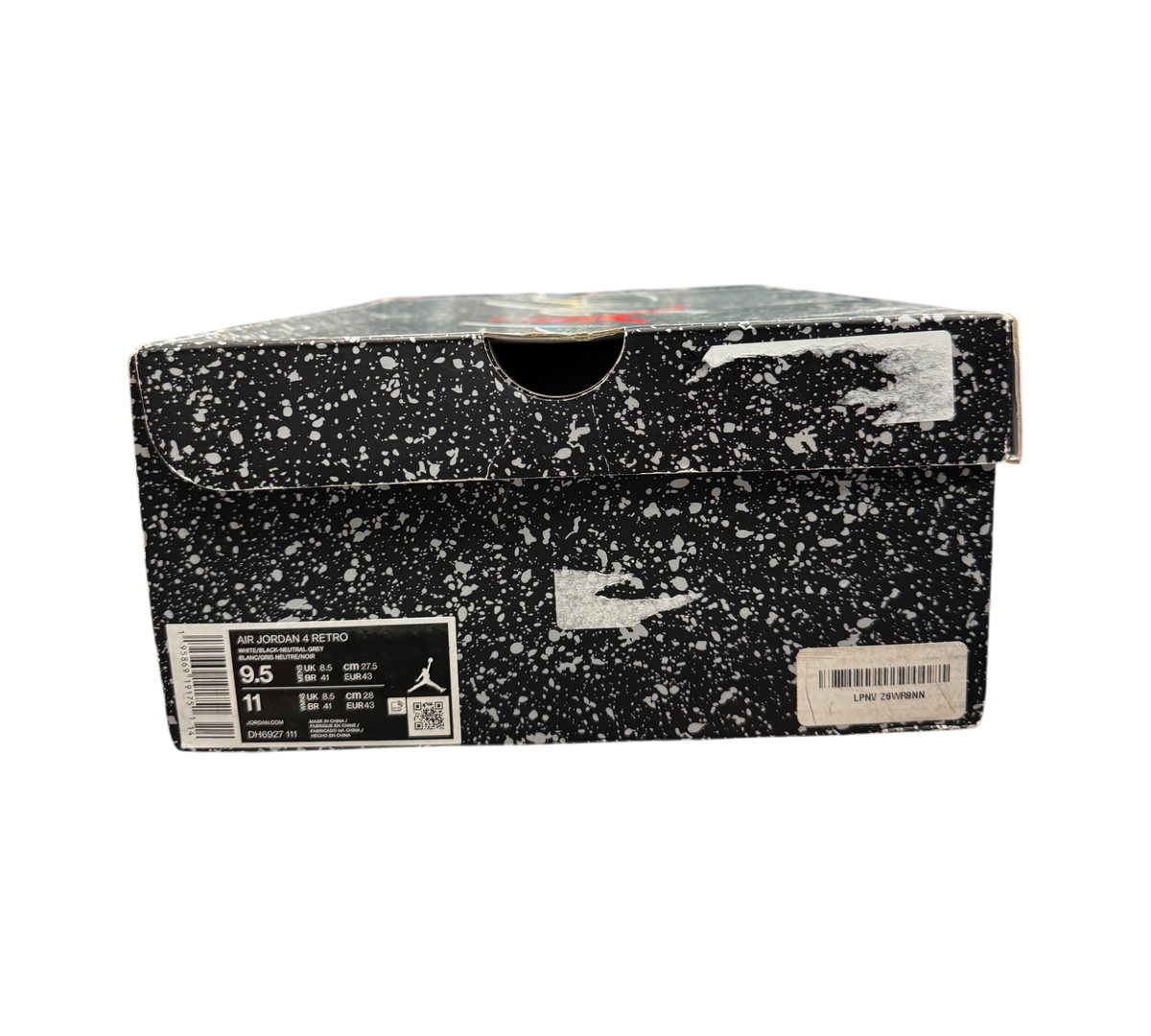 Genesis Boutique Jordan 4 Military Black sneaker box with speckled black and white pattern and size label