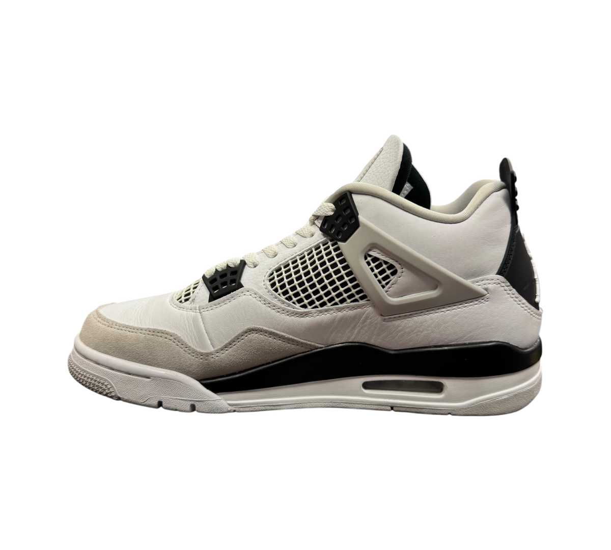 Genesis Boutique Jordan 4 Military Black sneakers in white, grey, and black leather with mesh side panels