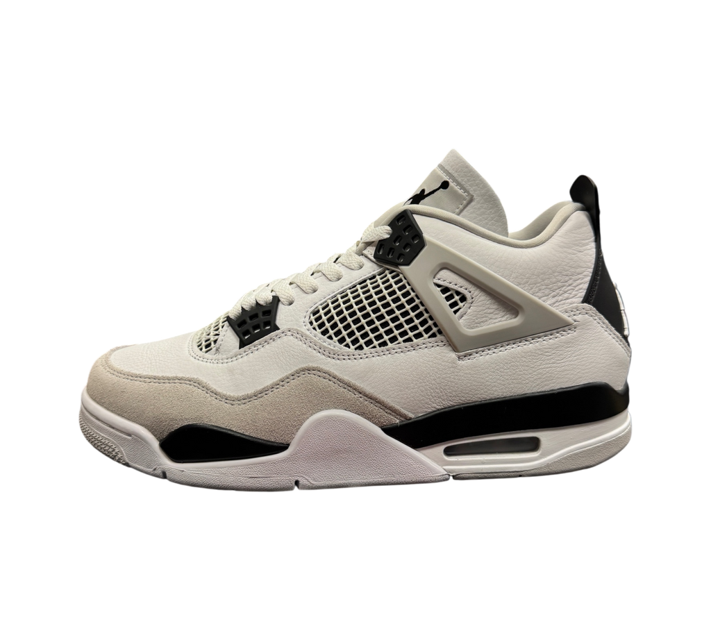 Genesis Boutique Jordan 4 Military Black sneakers in white leather with grey suede and black accents, side view
