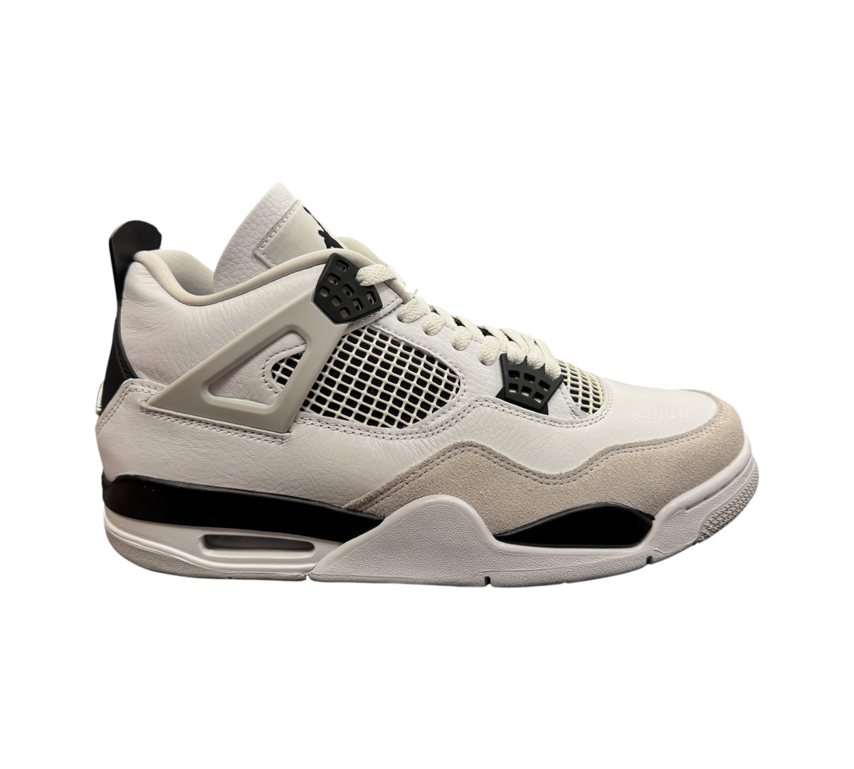 Genesis Boutique Jordan 4 Military Black sneakers in white leather with grey suede and black accents, side view.