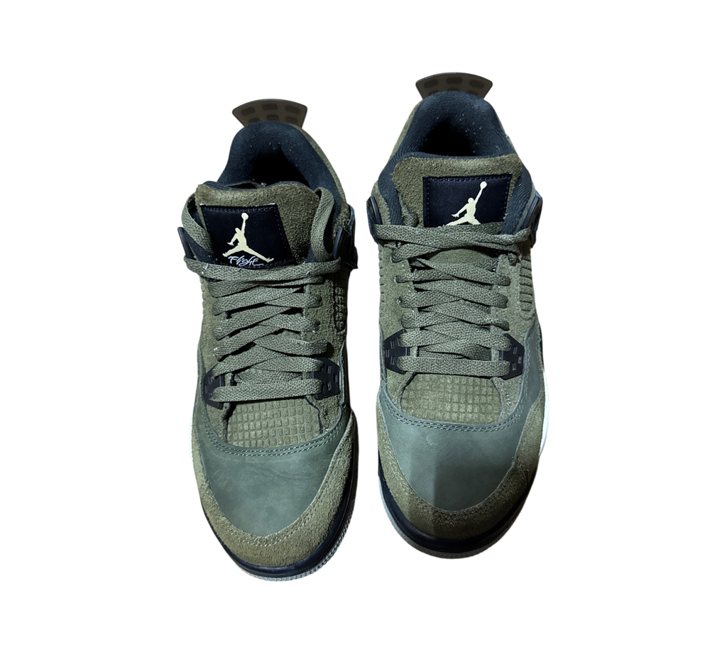 Genesis Boutique Jordan 4 GS Craft Olive sneakers in olive green suede with black accents and Jumpman logo